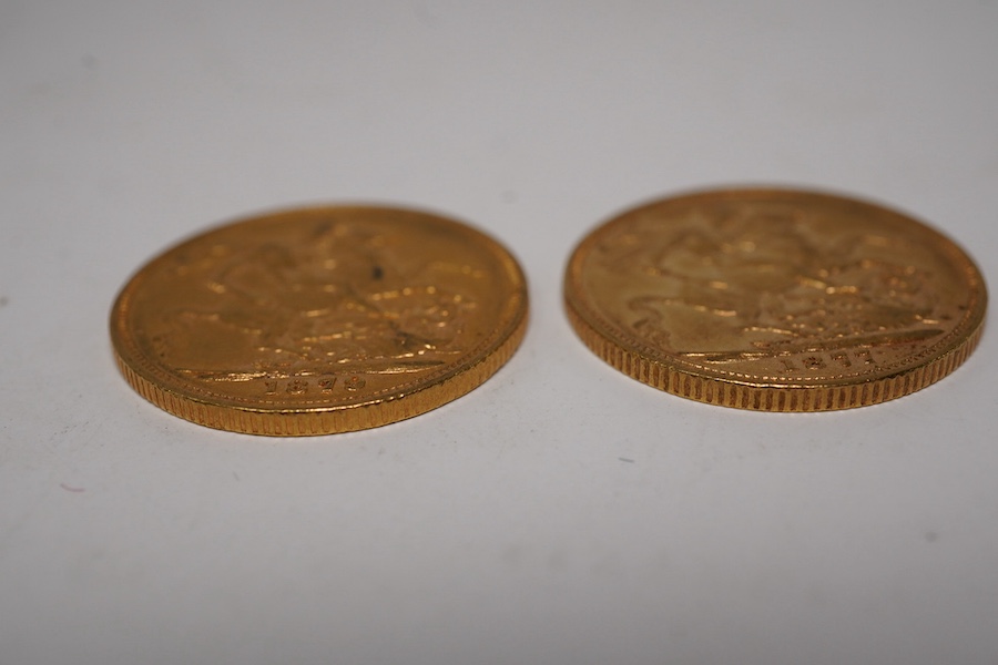 Australia gold coins, Victoria, two gold sovereigns, 1877M, VF and 1879M, VF